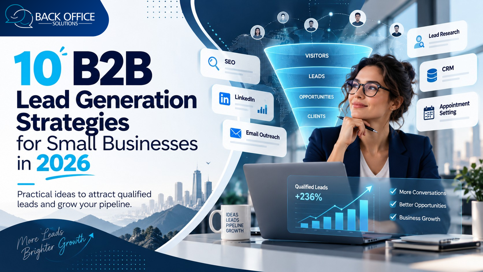 B2B lead generation strategies for small businesses featuring SEO, LinkedIn outreach, CRM management, and appointment setting.